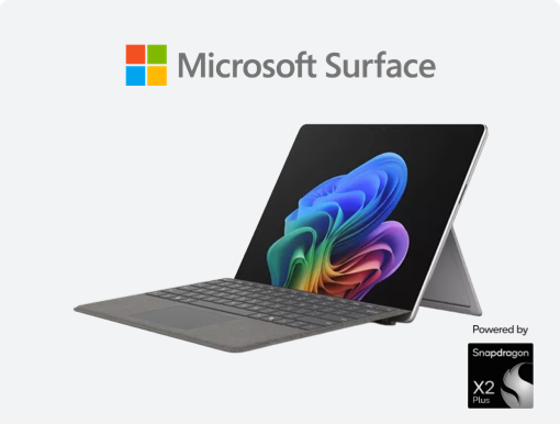 Imagery of Microsoft Surface laptop plus logo.