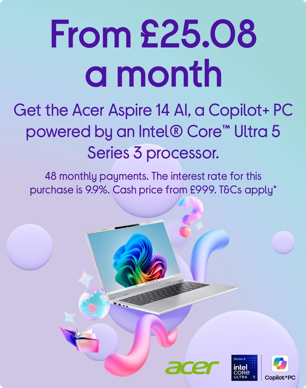 Image of Acer laptop. And logo's of Acer and Intel Co-Pilot+ PC