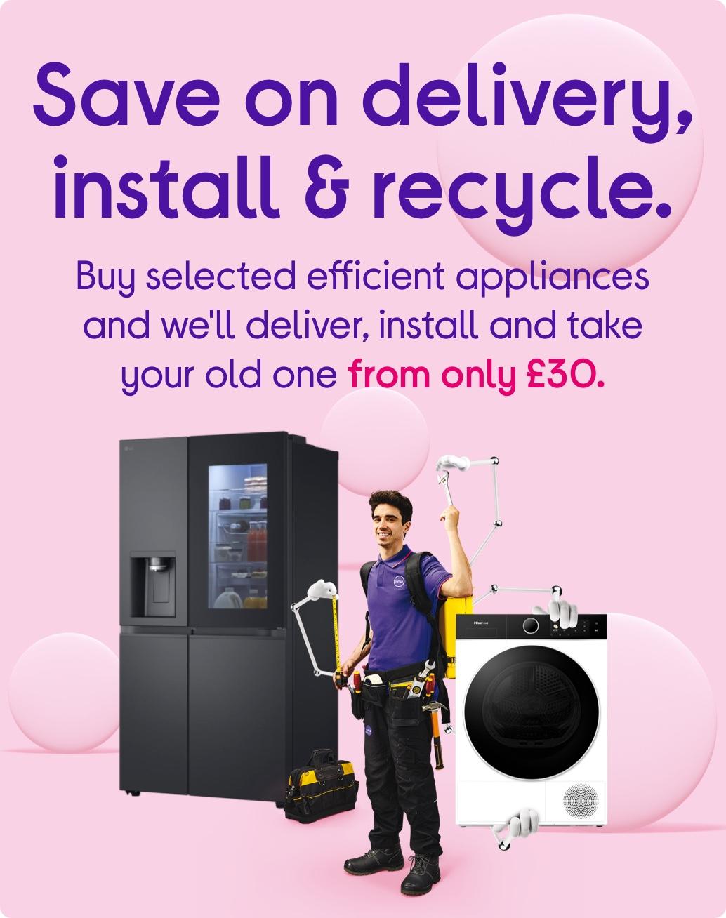 Images of fridge freezer, and Currys delivery man with washing machine