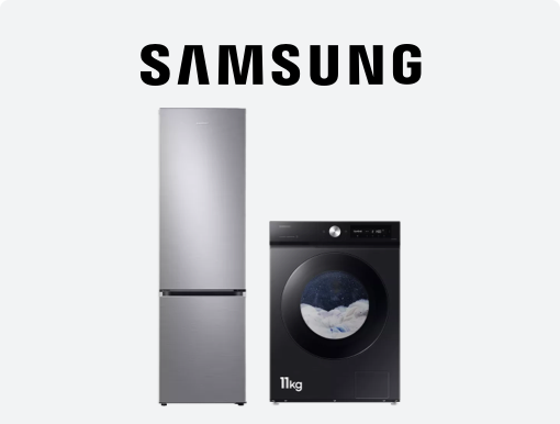 SAMSUNG Series 6 Fridge Freezer and Black Washing Machine with logo. 