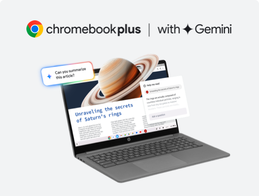 Imagery of HP Chromebook Plus 15 plus logo.