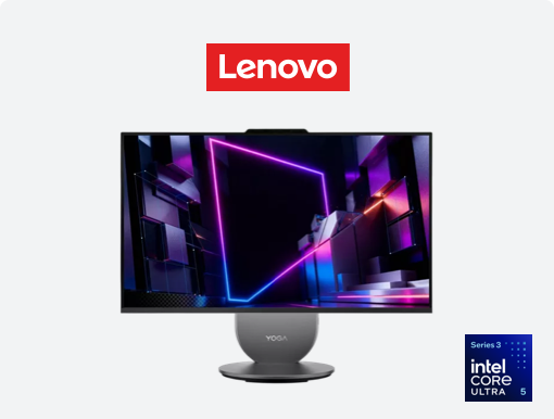 Imagery of Lenovo Yoga all-in-one plus logo & Intel Core Ultra 5 Series 3 badge
