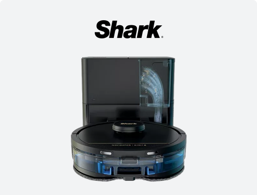 Shop Shark’s new Navigator 2-1 robot vacuum with logo.