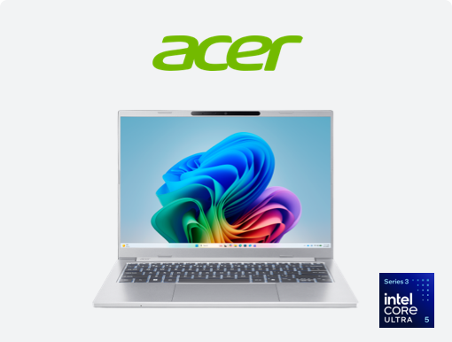 Imagery of Acer Aspire 14 AI. Plus Acer logo and intel badge.