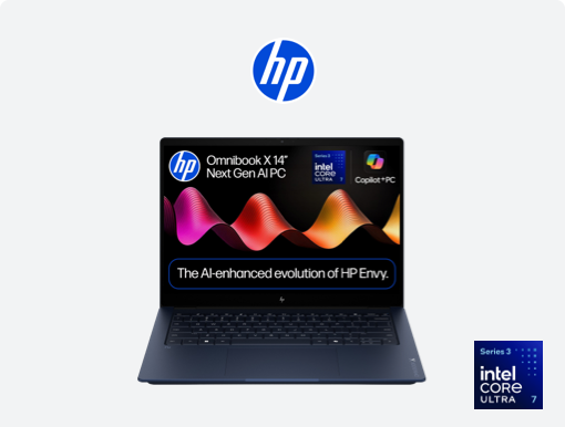 Imagery of HP OmniBook X. Plus HP logo and intel badge.