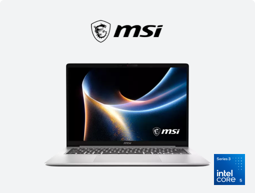 Imagery of MSI Modern 14S laptop. Plus MSI logo and Intel badge.