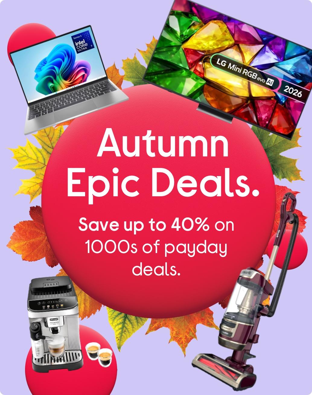 Images of a laptop, television, vacuum cleaner and coffee machine