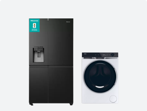 HAIER Spin Washing Machine and black HISENSE American-Style Smart Fridge Freezer.