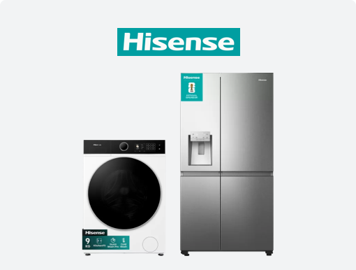 HISENSE American-Style Smart Fridge Freezer and white Washing machine with Logo.