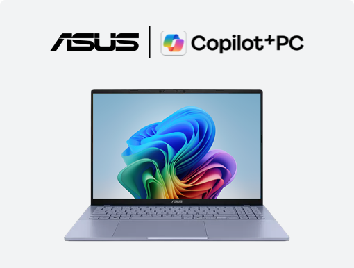 Imagery of ASUS Vivobook S16. Plus ASUS and Copilot+ PC logo.