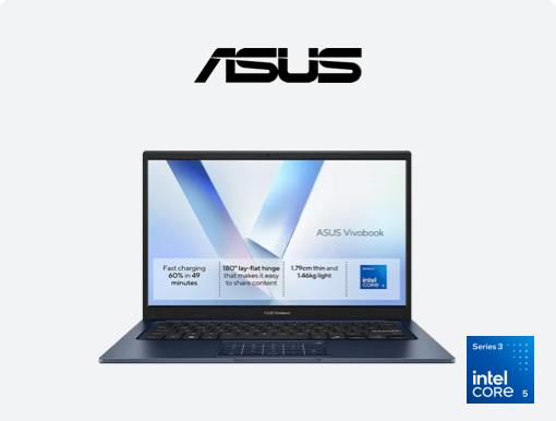 Imagery of ASUS Vivobook 14 plus logo and intel Core 5 Series 3 badge.