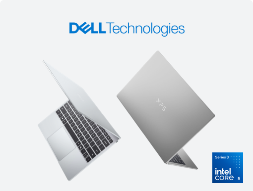 Imagery of Dell XPS 13 plus logo and intel core 5 series 3 badge.