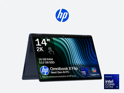Imagery of HP OmniBook X laptop. Plus HP logo and intel badge.