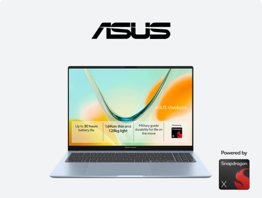 Imagery of ASUS Vivobook S16. Plus ASUS logo and Snapdragn badge.