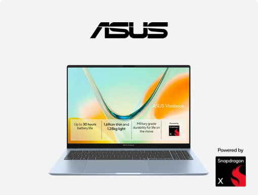 Imagery of ASUS Vivobook S16. Plus ASUS logo and Snapdragn badge.