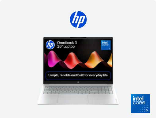 Imagery of HP OmniBook 3 laptop. Plus HP logo and  Intel badge