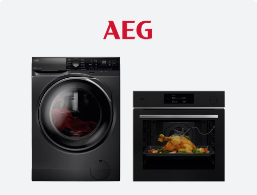 AEG black MealAssist Electric Pyrolytic Oven & AEG Spin Washing Machine with Logo. 