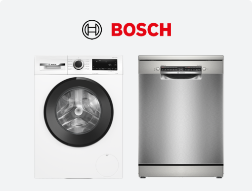 White washing machine & Grey dishwasher with logo. 