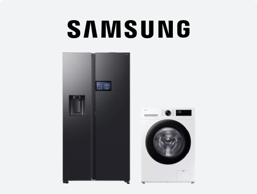 SAMSUNG WiFi-enabled Spin Washing Machine and American-Style Smart Fridge Freezer with Logo.