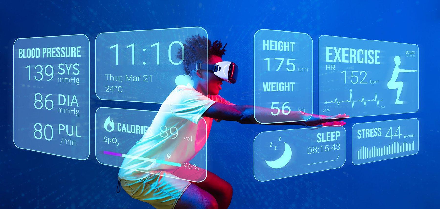 A person doing a squat overlaid with stats