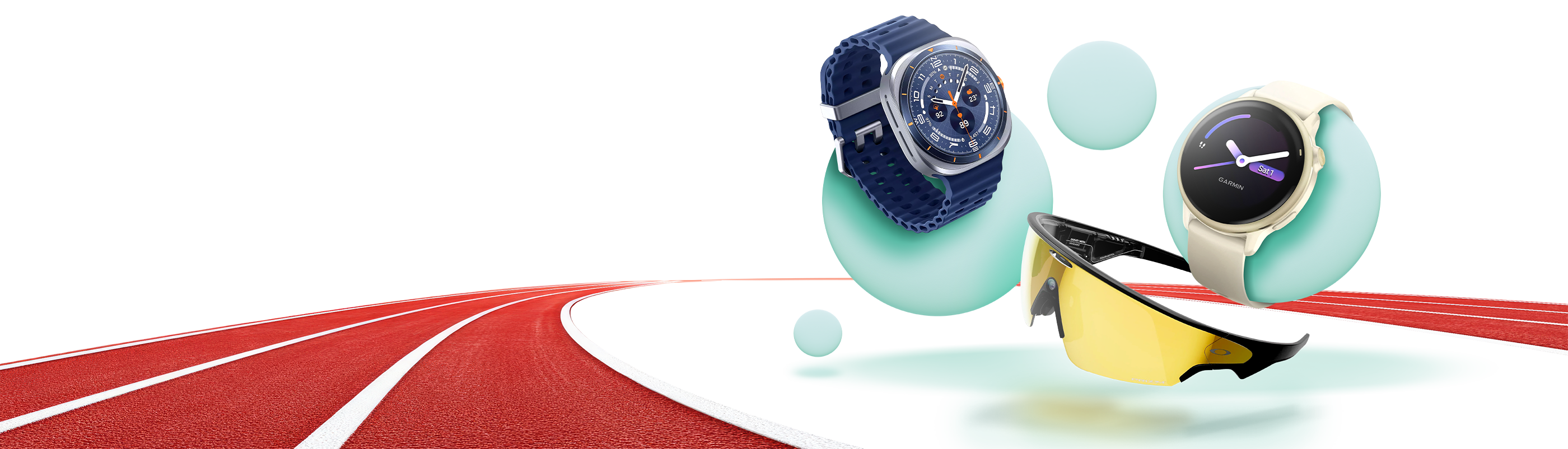 a group of watches and sunglasses are shown on a track
