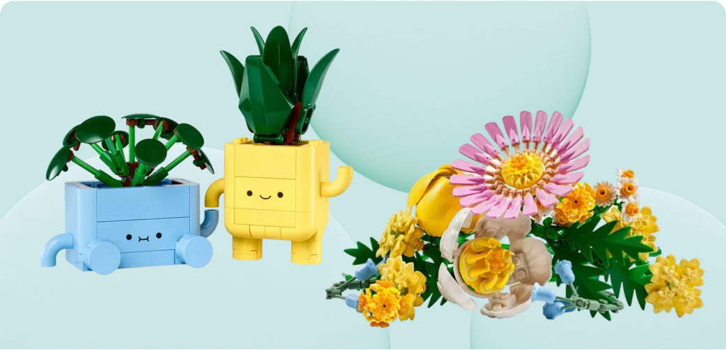 a set of botanical lego and a bouquet of lego