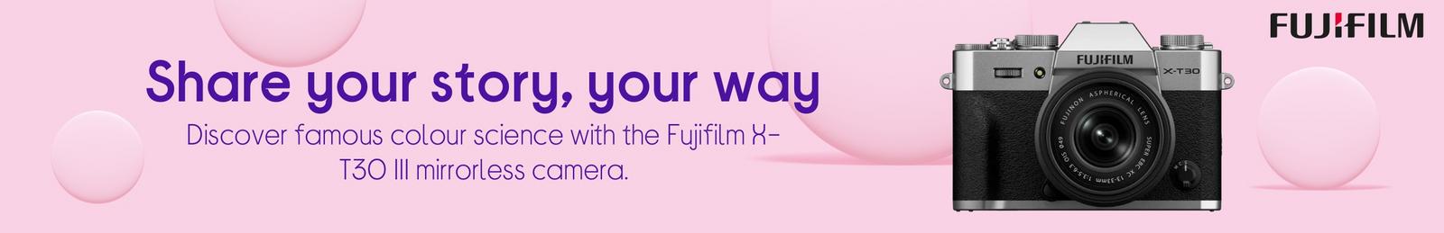 Fujifilm's legendary colour science with the X-T30 III mirrorless camera with logo.