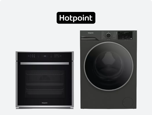 HOTPOINT FabricCare CARE Spin Washing Machine, Electric Pyrolytic Steam Oven with Logo.
