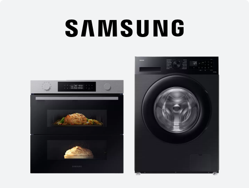 SAMSUNG Spin Washing Machine, Electric Pyrolytic Smart Oven with Logo.