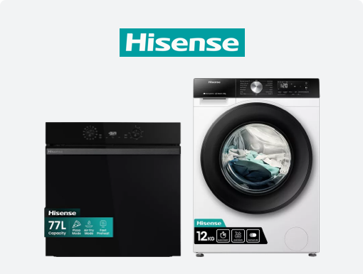 HISENSE  WiFi-enabled Spin Washing Machine, Electric Pyrolytic Oven with logo.