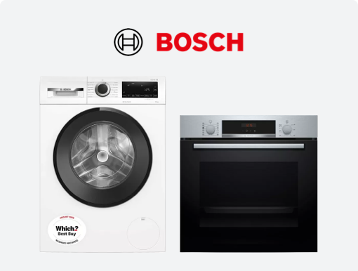 BOSCH Series Electric Pyrolytic Steam Oven & AntiStain 10 kg 1400 Spin Washing Machine with Logo.