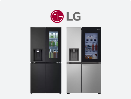 LG InstaView Smart Fridge Freezer and  American-Style Smart Fridge Freezer with logo.