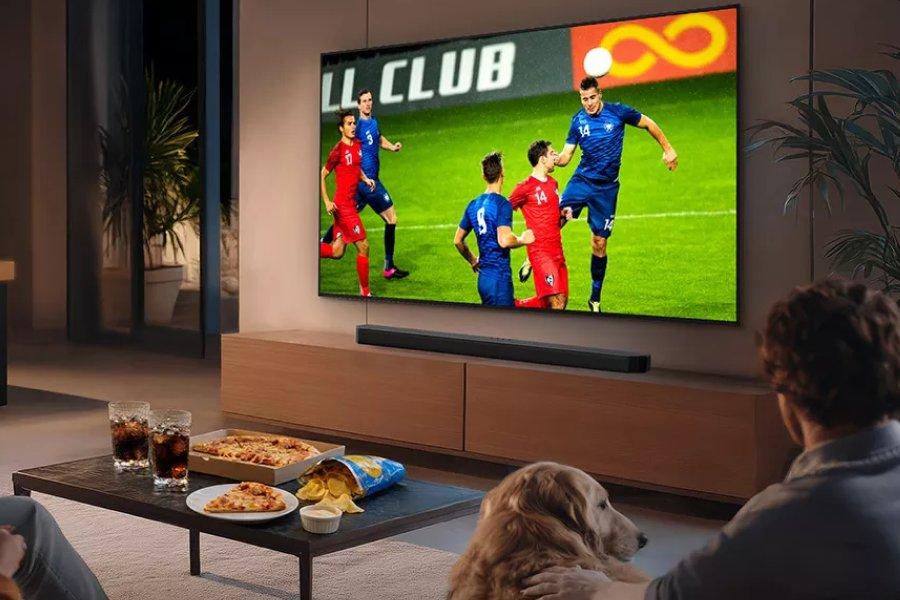 A person and a dog sitting in front of a TV with football on it