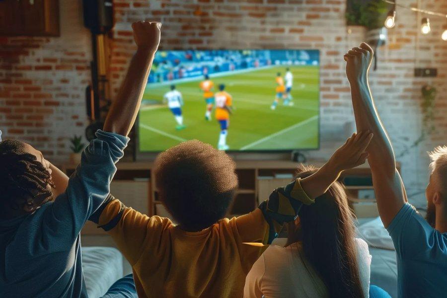A group of people watching football on TV whilst cheering