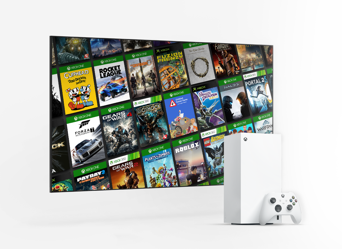 White Xbox console and controller in front of a screen with multiple Xbox games on it