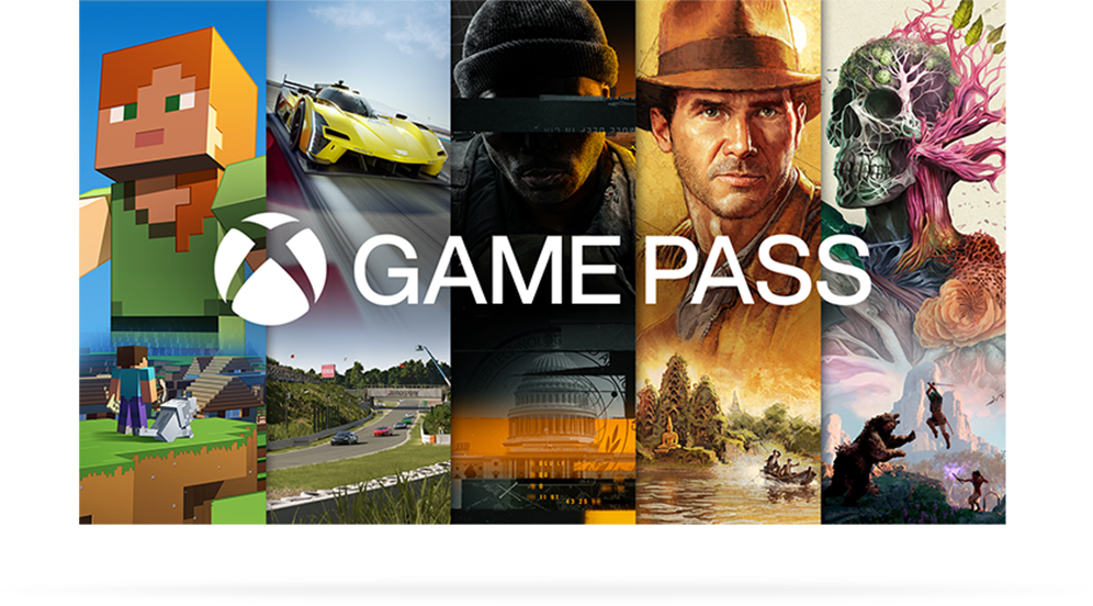 Xbox Game Pass logo overlaying five game screenshots