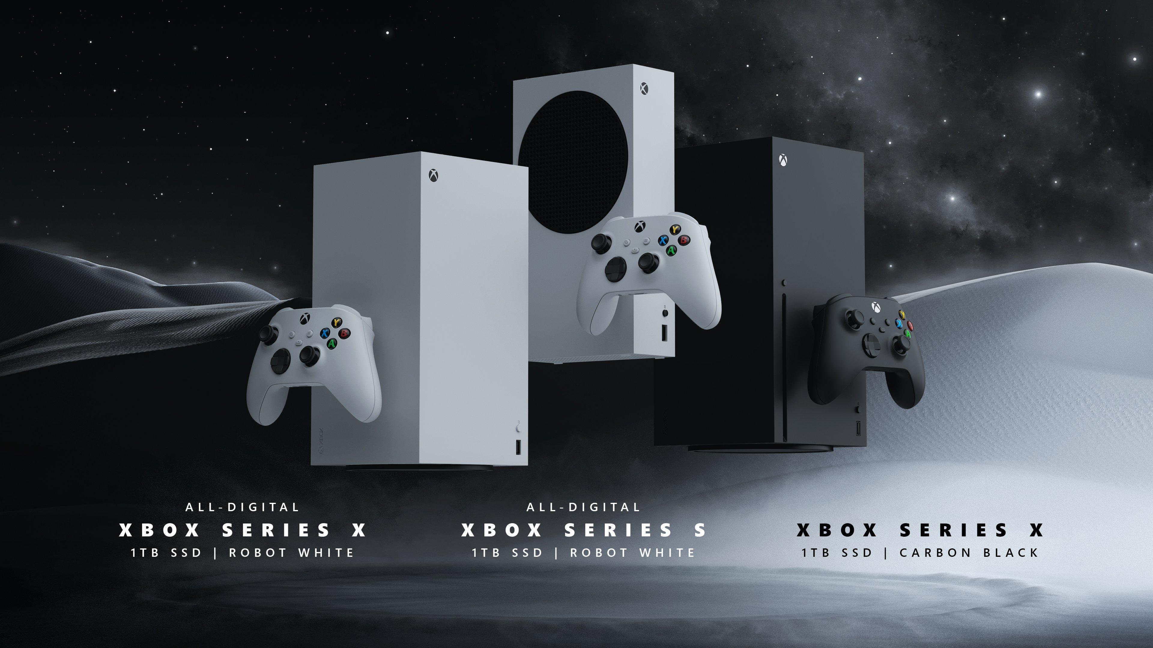 Three Xbox consoles floating over a landscape