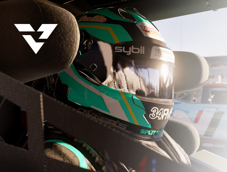 A person wearing a racing helemt sitting in a vehicle